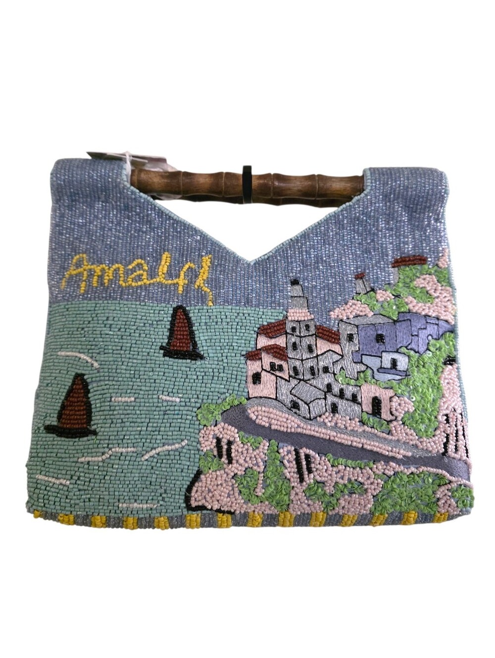 NEW Amalfi Coast Beaded Bag Italy Bamboo Handle Blue Clutch Purse Made In India
